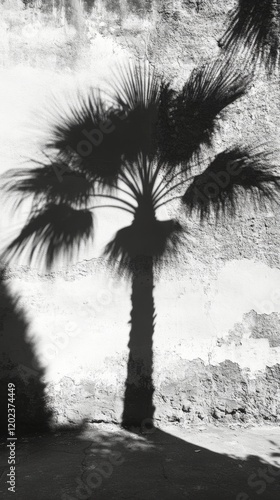 Palm tree shadow cast on textured wall in black and white photography