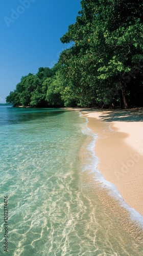 Calm turquoise waters lap against a serene sandy shore surrounded by lush gre...