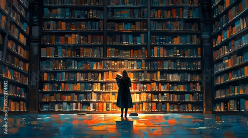 Woman Silhouetted Against a Wall of Books in a Library