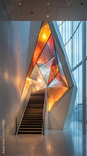 Modern abstract sculpture displayed in an art gallery with a natural backdrop...