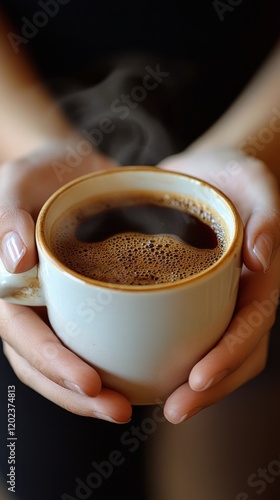 Warm cup of coffee held gently in hands with steam rising in a cozy setting d...