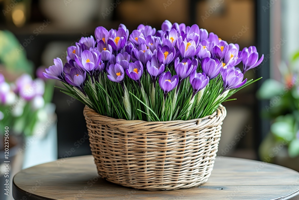 Spring crocus flowers in wicker basket Spring crocus flowers in wicker basket