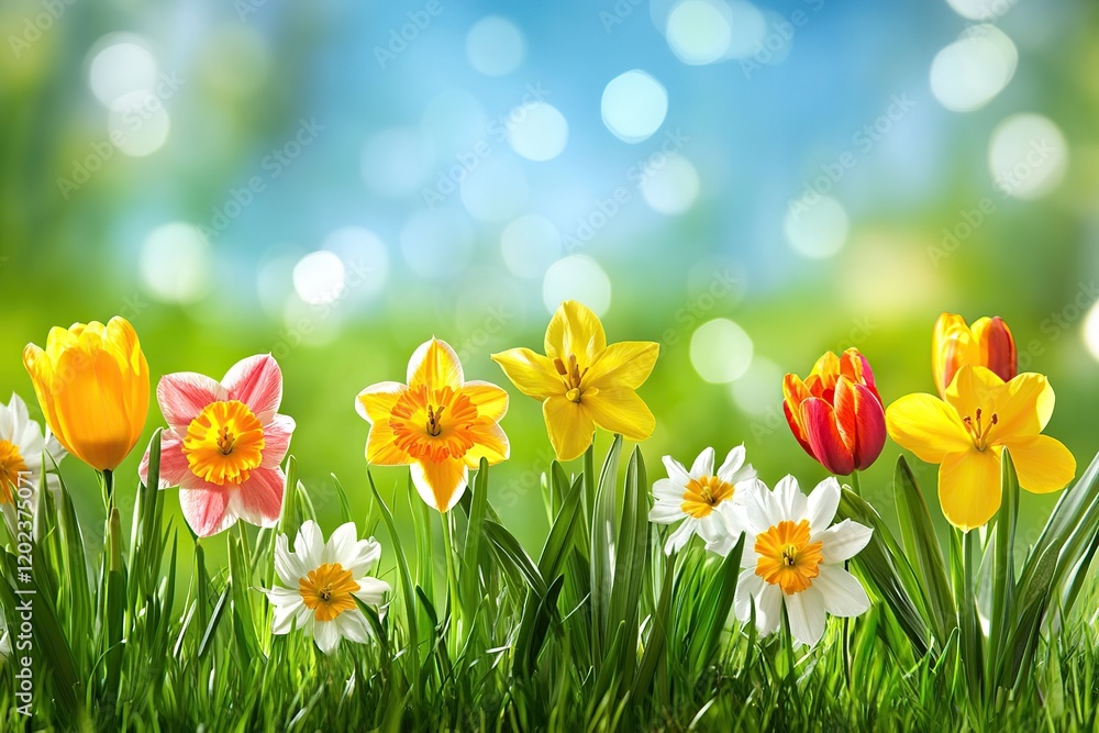 Field with different spring flowers and sunlights Field with different spring flowers and sunlights