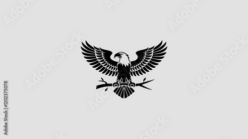A minimalistic black and white eagle soars above a mountain and river landscape.