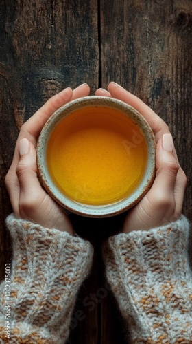 Warm cup of tea held in cozy hands on a rustic wooden table