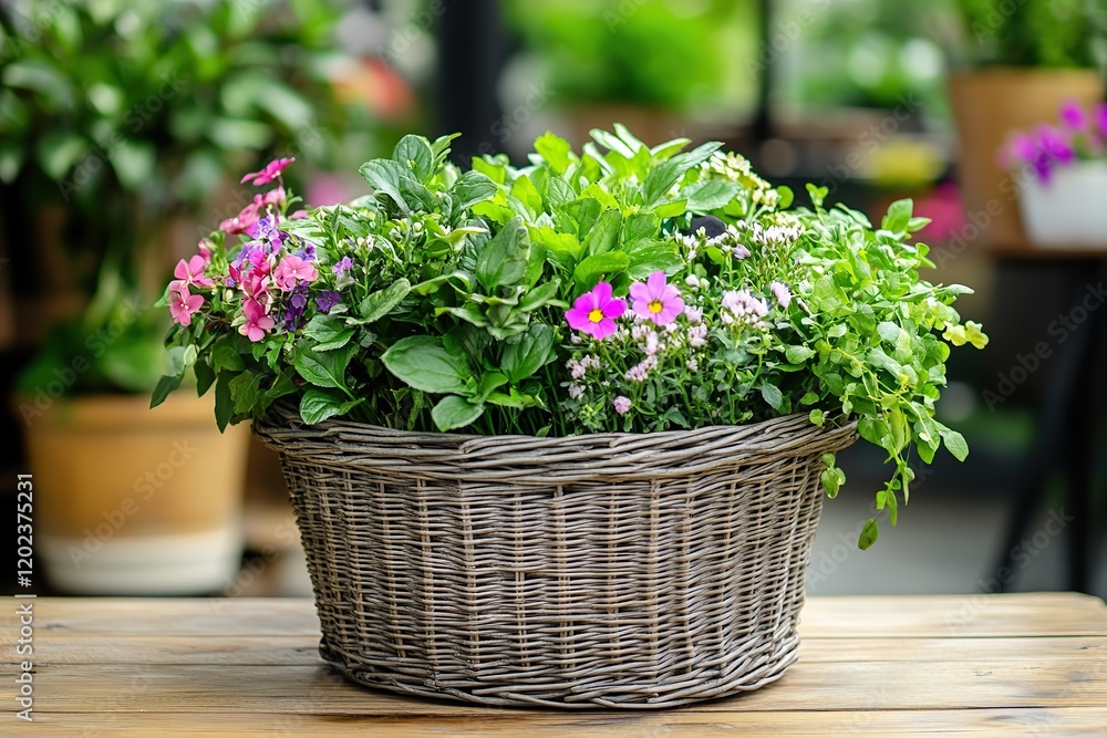 Different spring flowers in wicker basket Different spring flowers in wicker basket
