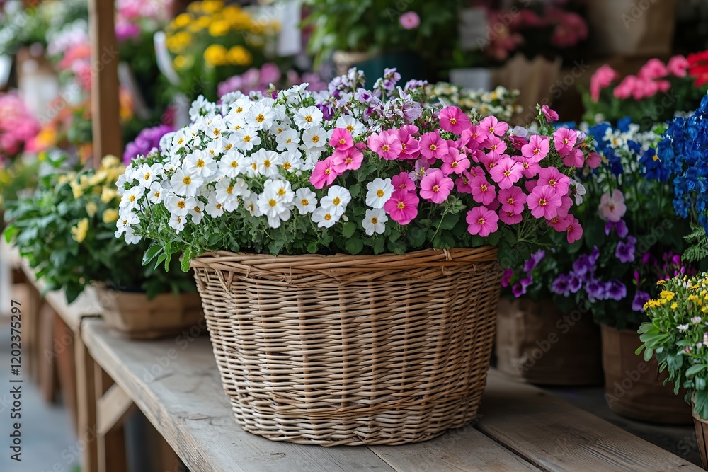 Different spring flowers in wicker basket Different spring flowers in wicker basket