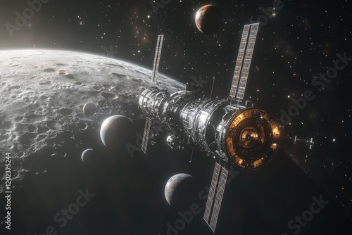 Exploration of outer space with a futuristic spacecraft orbiting a distant moon