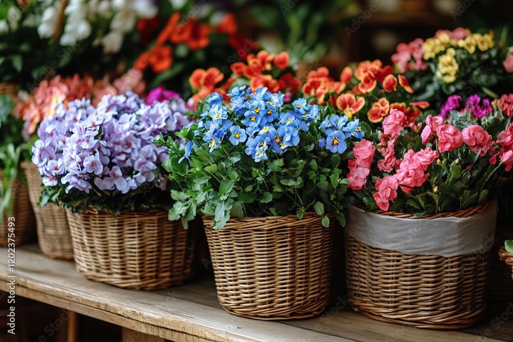 Different spring flowers in wicker baskets Different spring flowers in wicker baskets