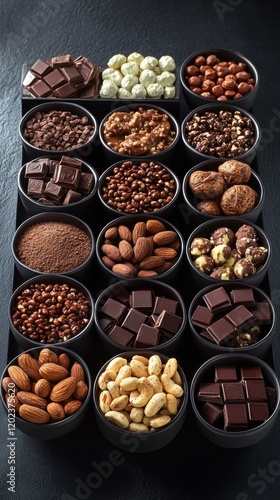 Assorted nuts and chocolates arranged in small bowls on wooden table for a de...