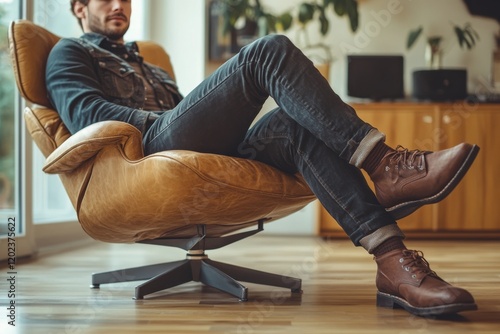 Young man relaxing in an elegant chair during afternoon in a stylish indoor s...