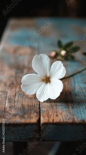 White flower resting on rustic wooden table in a cozy indoor setting during d...