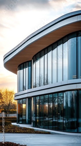 Stunning modern architecture of a sleek house with curved design at twilight