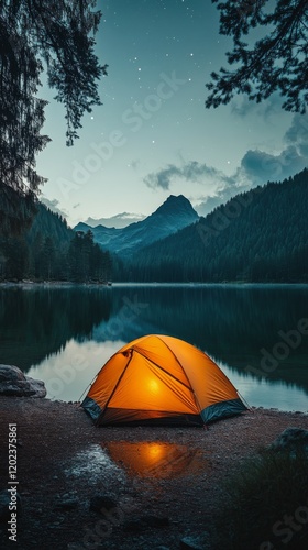 Cozy tent illuminated by a warm glow beside a tranquil lake at twilight in th...