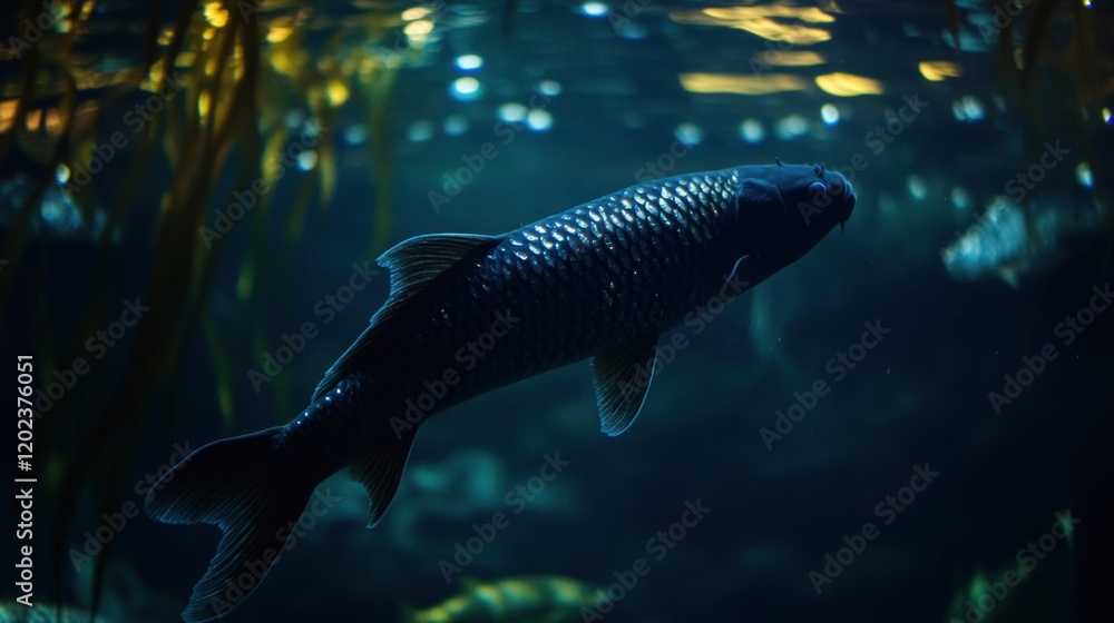 Fototapeta premium Dark fish swimming underwater among kelp.