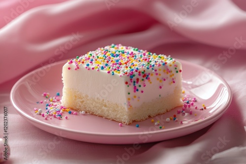 Delicious creamy cake topped with colorful sprinkles on a pink plate