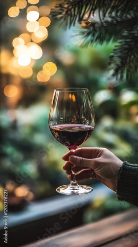 Enjoying a festive drink beside a decorated evergreen tree during the holiday...