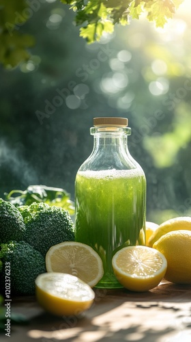Refreshing green juice made with broccoli and lemon in a bright outdoor setting