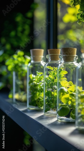 Green plants thriving in glass jars on a display shelf in a modern indoor garden