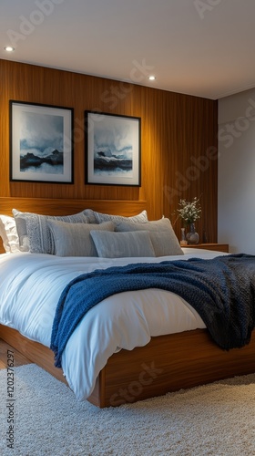 Cozy and modern bedroom with warm accents and natural elements in soft lighting