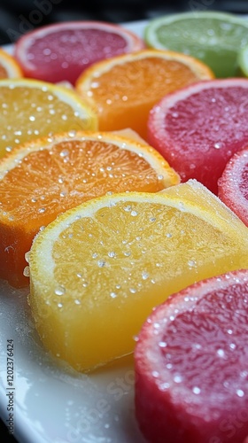 Colorful fruit popsicles arranged on a plate with orange slices for a refresh...