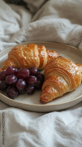 Croissants and grapes arranged on a plate with a soft, cozy background during...