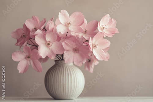Beautiful pink flowers in a textured vase on a table against a soft, muted ba...