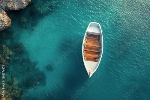 Soft morning light over a tranquil lake with a single boat drifting in the mist