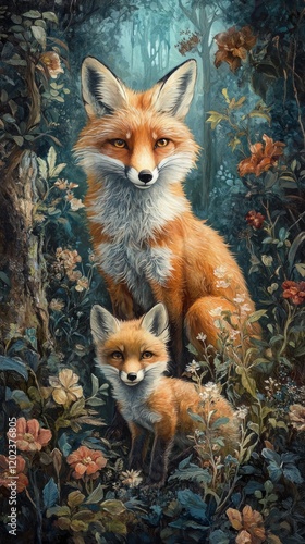 Two red foxes standing among colorful flowers and lush greenery in a serene f...