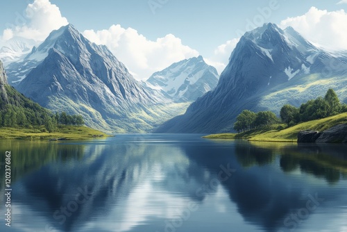 Majestic mountains reflect in tranquil lake under clear sky at sunrise