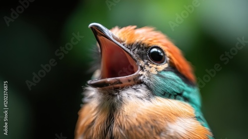 A striking image of a colorful bird captured mid-call, with its bill wide open, set against a dreamy, soft-focus backdrop that enhances its vibrant colors and character. photo