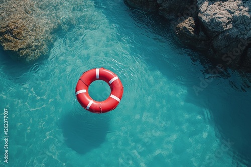 Bright orange lifebuoy floating in clear blue water at a sunny poolside