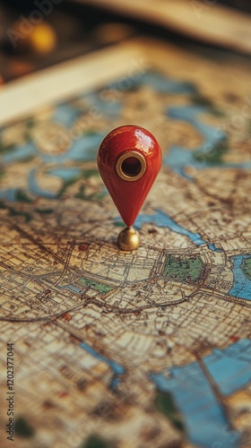 Map with red pin highlighting a location in an intricate urban layout during ...