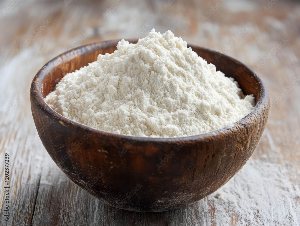 Rice flour in a bowl. Featuring a bowl of white rice flour. Highlighting the versatility and use in baking and cooking. Ideal for culinary and kitchen visuals. Rice flour in a bowl. Featuring a bowl of white rice flour. Highlighting the versatility and use in baking and cooking. Ideal for culinary and kitchen visuals.