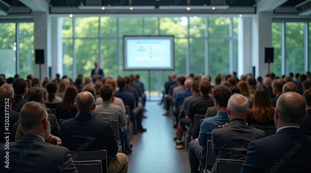 In a modern conference hall filled with an attentive audience, individuals in professional attire focus on a speaker positioned in front of a large screen displaying a presentation. In a modern conference hall filled with an attentive audience, individuals in professional attire focus on a speaker positioned in front of a large screen displaying a presentation.