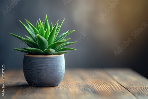 Green plant in a decorative pot on a wooden table under soft sunlight
