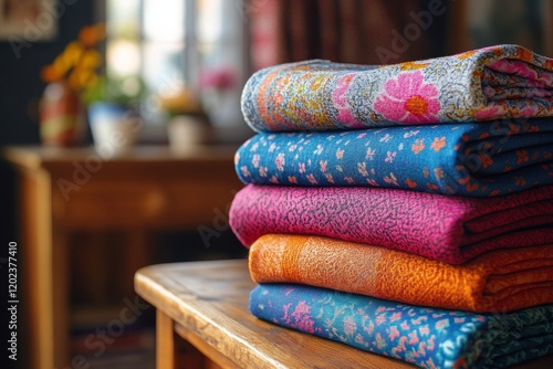 Vibrant handwoven textiles arranged in a colorful stack on a wooden table in ...