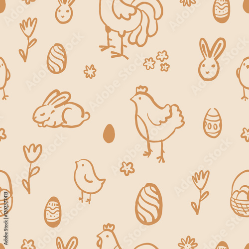 Simple Hand Drawn Easter Ornament. Easter Seamless Pattern with Bunnies, Eggs, and Chicks on Pastel Background.