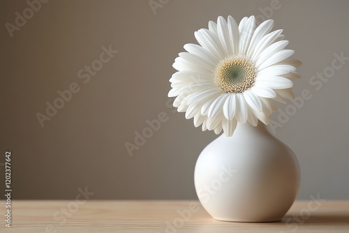 Beautiful white flower in a ceramic vase on a wooden table background
