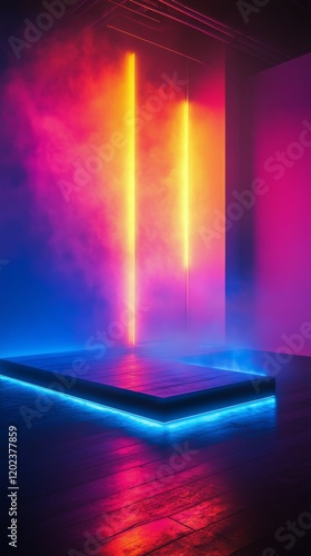 Vibrant neon lights illuminate a stylish stage in a modern art installation