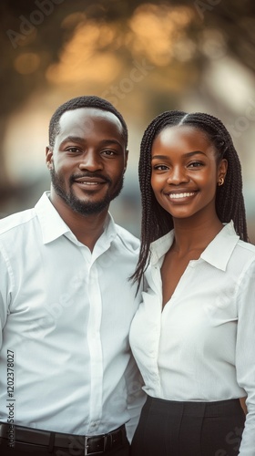 Smiling couple stands side by side in a modern interior during a bright day