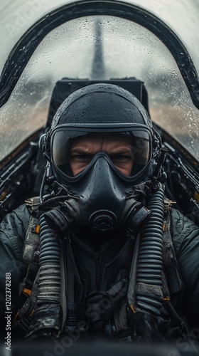 Fighter pilot in cockpit wearing helmet and mask during mission preparation i...