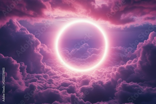 Ethereal pink clouds illuminated by a glowing circle at dusk