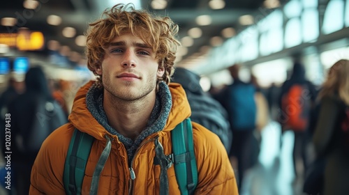 A young man with tousled hair confidently stands in a busy airport, exuding a sense of adventure as he looks optimistically towards the future amidst the hustle and bustle. photo