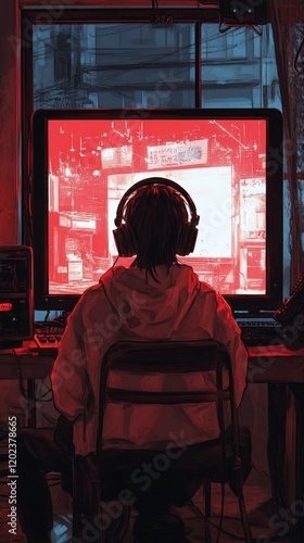 Engaging in a captivating gaming session at night with colorful lighting and ...