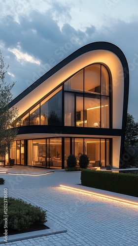 Stunning modern architecture of a sleek house with curved design at twilight