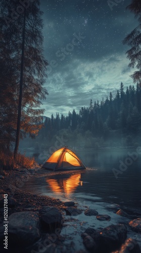 Cozy tent illuminated by a warm glow beside a tranquil lake at twilight in th...