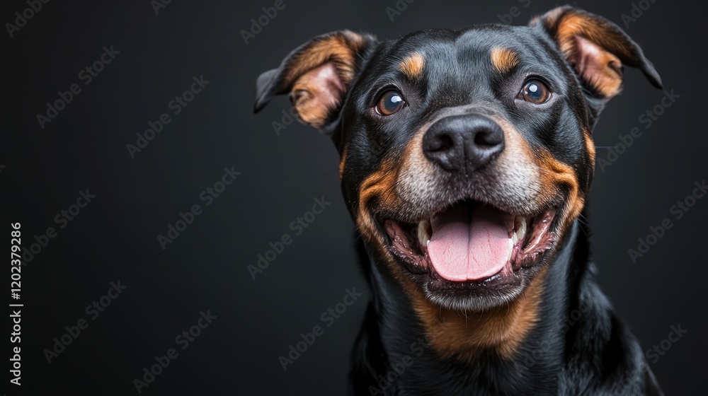 A happy Rottweiler with distinct tan and black markings showcases its playful demeanor and charming expression against a stark black background, highlighting its friendly nature. A happy Rottweiler with distinct tan and black markings showcases its playful demeanor and charming expression against a stark black background, highlighting its friendly nature.
