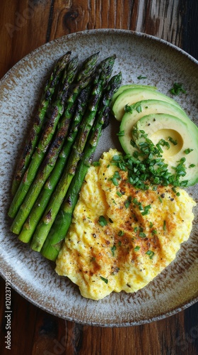 Healthy breakfast plate with scrambled eggs, asparagus, and avocado arranged ...
