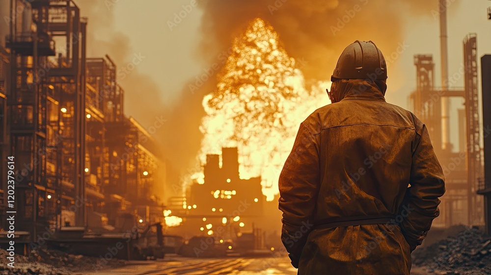 Intense industrial fire with worker observing in a chemical plant during late evening hours Intense industrial fire with worker observing in a chemical plant during late evening hours